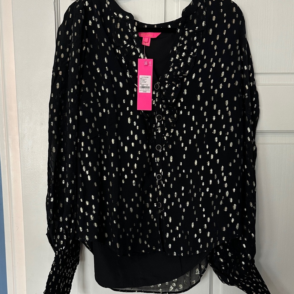 Lilly Pulitzer Black Blouse with Gold Accents NWT Rowe long sleeve top XL